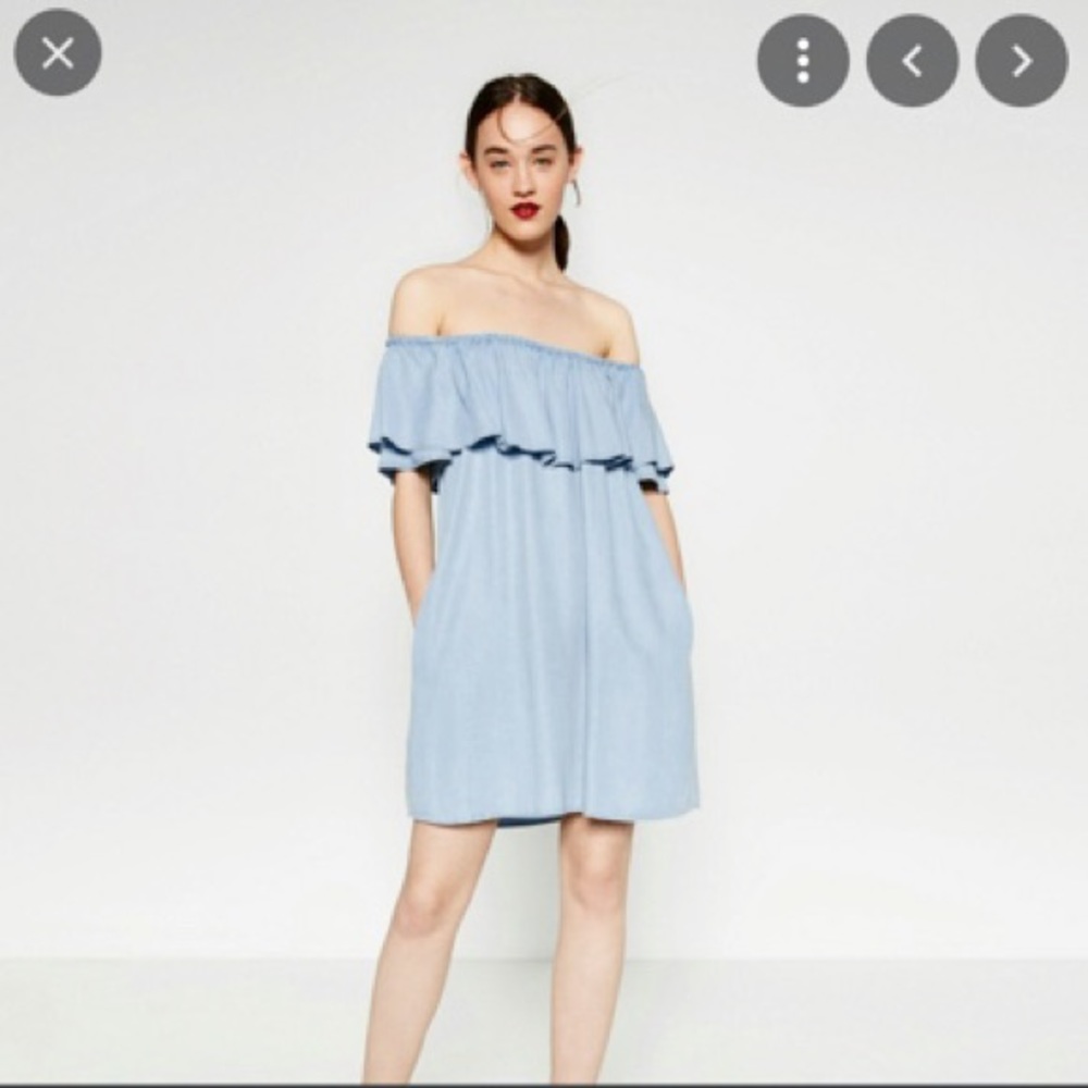 Zara Light Blue Denim Off-the-Shoulder Dress